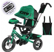 Детский трёхколёсный велосипед Trike City Big 2018, зелёный с надувными колёсами и USB фарой (12"/10")