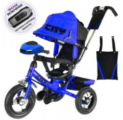 Детский трёхколёсный велосипед Trike City Big 2018, синий с надувными колёсами и USB фарой (12"/10")