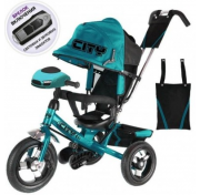 Детский трёхколёсный велосипед Trike City Big 2018, бирюзовый с надувными колёсами и USB фарой (12"/10")